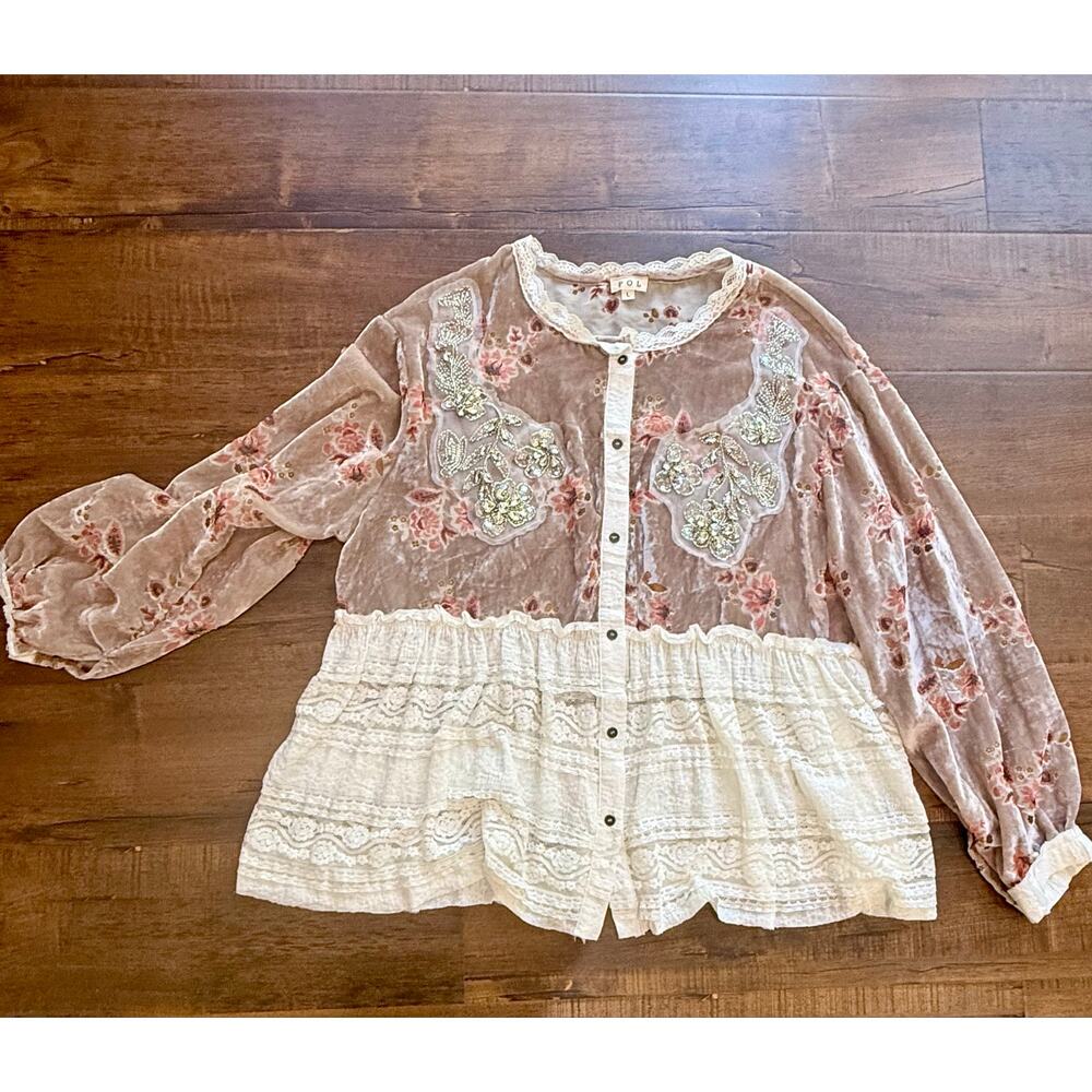 POL Velvet Floral Lace Beaded Sequin Crystal Romantic Boho Button Front Top Sz L - Picture 7 of 15